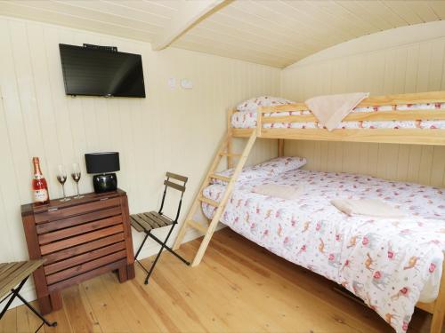 a bedroom with two bunk beds and a television at Hannah's Hide in Bowness-on-Solway