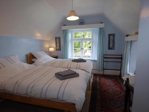 a bedroom with two beds and a window at Thorn Cottage in Chagford