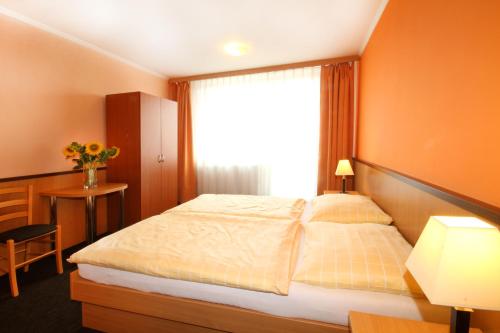 a bedroom with a large bed with a window at Hotel Strážnice in Strážnice