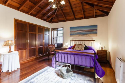 a bedroom with a purple bed and a wooden ceiling at Etna in Breña Baja