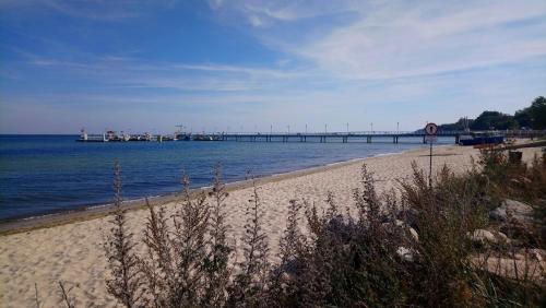 a sandy beach with a pier in the water at Perłowa Przystań in Pierwoszyno
