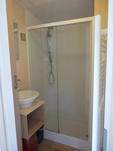 a bathroom with a shower and a sink at 20A Hoofdweg in Midwolda