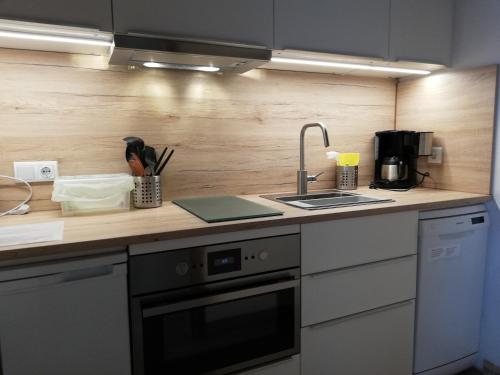 eine Küche mit einer Spüle und einer Arbeitsplatte in der Unterkunft Appartementhaus Lengsdorf in Maurach