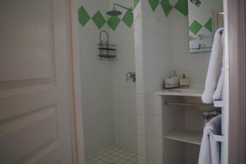 a white bathroom with a shower and a sink at Les Lavandières in Saint-Hilaire-la-Palud