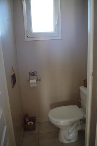 a bathroom with a white toilet and a window at Les Lavandières in Saint-Hilaire-la-Palud