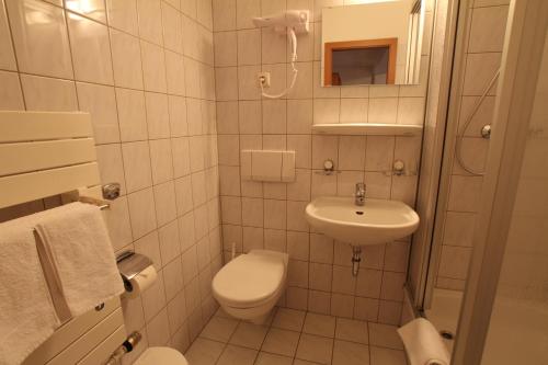 a white bathroom with a toilet and a sink at Hotel Weisse Taube in Aschersleben