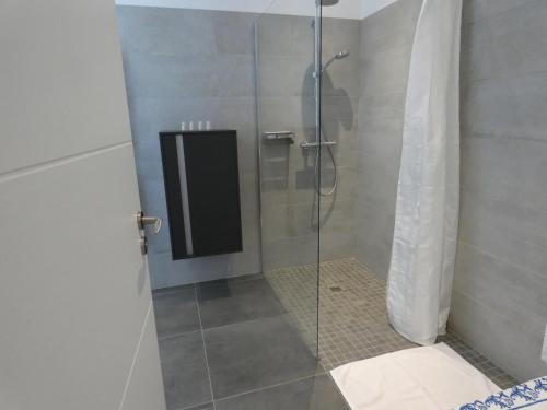 La salle de bains est pourvue d'une douche avec une porte en verre. dans l'établissement Maison Basque, à Biarritz