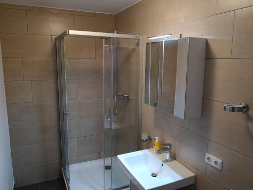 ein Bad mit einer Dusche und einem Waschbecken in der Unterkunft Gasthof Weingrill in Friesach