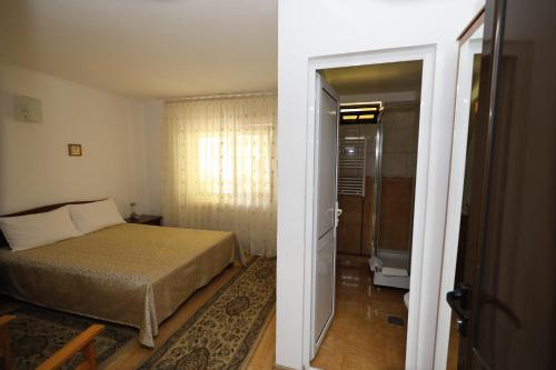 a bedroom with a bed and a door to a bathroom at Pensiunea Ruxi in Curtea de Argeş