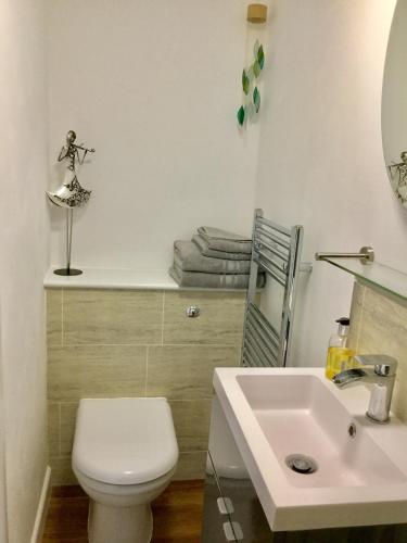 a bathroom with a white toilet and a sink at Kiki’s Corner in Newquay
