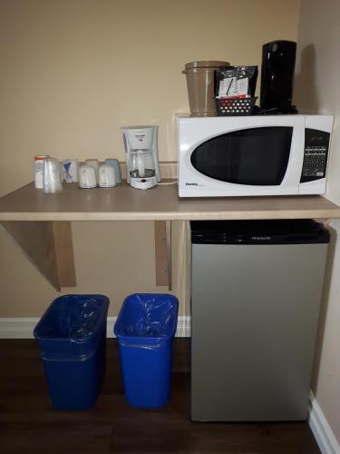 a counter with a microwave and two trash cans at Fair Isle Motel & The Nest in Whycocomagh
