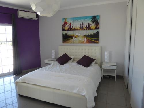 ein Schlafzimmer mit einem weißen Bett und einem Gemälde an der Wand in der Unterkunft VILA FLAMINGO in Belmonte
