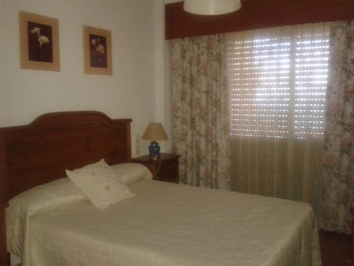 a bedroom with a bed and a window with a white bedspread at Apartamento Florazar 2, 8ºC in Cullera