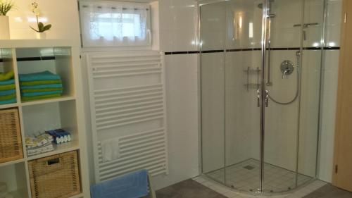 a shower with a glass door in a bathroom at Ferienwohnung Valentin in Hohenpeißenberg