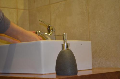 a soap dispenser sitting on top of a bathroom sink at Hostal Camino de Santiago in Puerto Natales