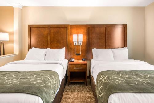 a hotel room with two beds and two lamps at Comfort Suites Denver near Anschutz Medical Campus in Aurora