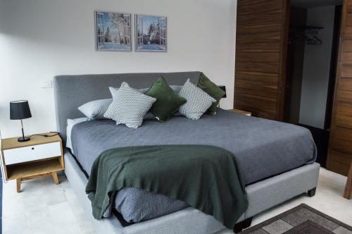 - une chambre avec un lit doté d'oreillers verts et blancs dans l'établissement Miyana Luxury Studio, à Mexico