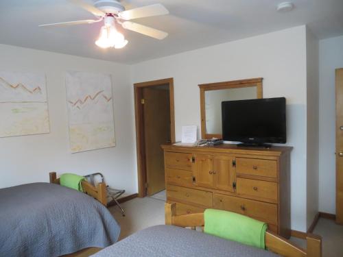 a bedroom with a bed and a television on a dresser at At Wits End B&B in Banff