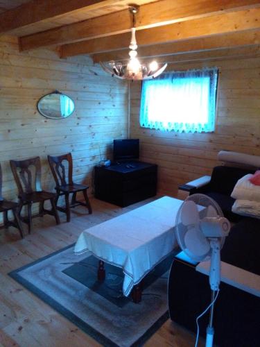 a living room with a couch and a table at Domki drewniane alpejskie in Świętne