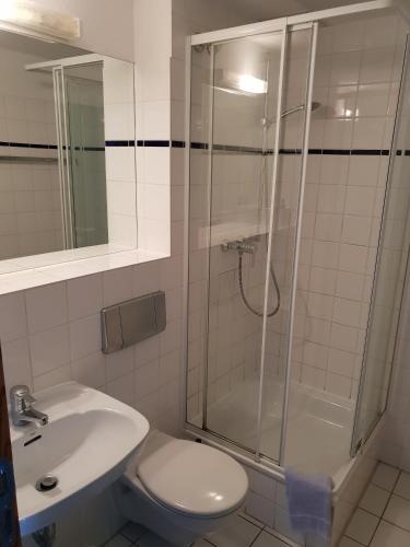 a bathroom with a shower and a toilet and a sink at Appartement-Hotel Rostock in Rostock