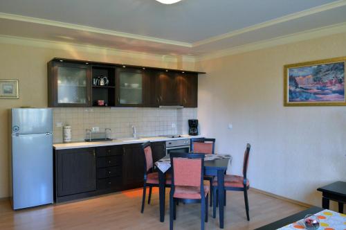 a kitchen with a table and chairs and a refrigerator at Aparthouse Borovo in Sofia