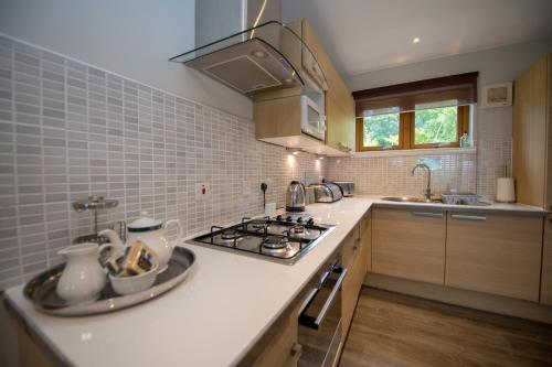 a kitchen with a stove and a counter top at Loch Lomond Waterfront Luxury Lodges in Balmaha
