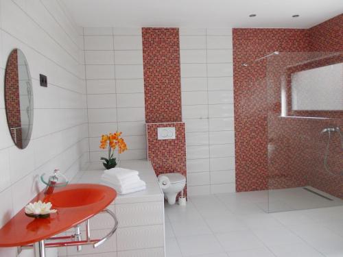 a bathroom with a red sink and a shower at Hotel Phenix in Brussels