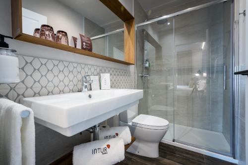 uma casa de banho com um lavatório, um WC e um chuveiro em Intelier Victoria em San Sebastián