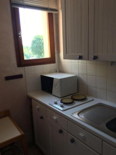 een keuken met een magnetron op een fornuis bij Villa Thermae in Gréoux-les-Bains