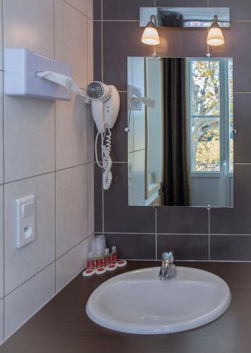 La salle de bains est pourvue d'un lavabo, d'un sèche-cheveux et d'un miroir. dans l'établissement Hotel Restaurant Le Castel Fleuri, à Carnoules