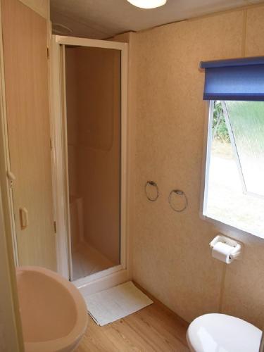 une salle de bain avec une douche, des toilettes et un lavabo dans l'établissement Village de Chalets de Rocamadour, à Rocamadour