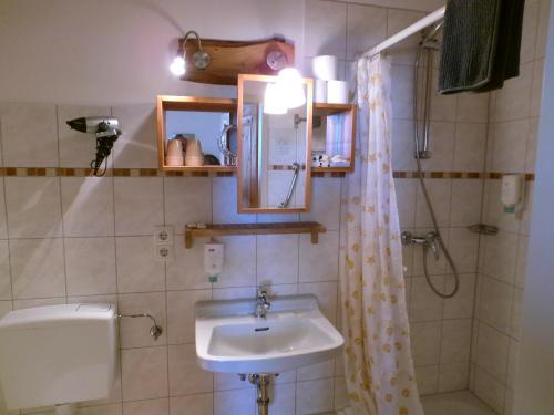 a bathroom with a sink and a shower curtain at Gasthaus Zur Burgschänke in Aremberg