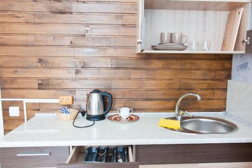 a kitchen with a sink and a counter top at Tsentr Hostel in Vinnytsya