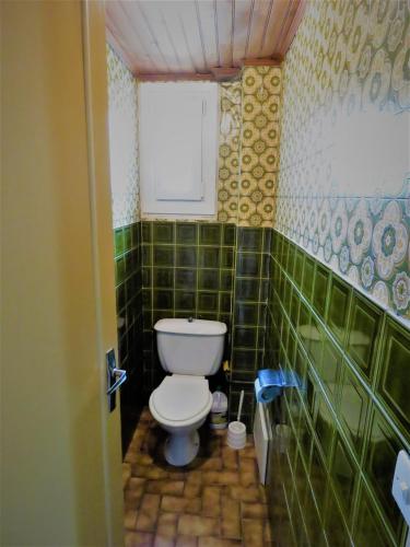 a bathroom with a toilet and green tiled walls at Vaqué Villeneuve des Escaldes Angoustrine in Angoustrine