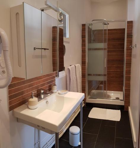 une salle de bain avec un lavabo et une douche dans l'établissement Manoir du Chambellan, à Arnières-sur-Iton