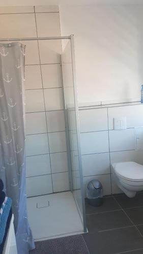 a bathroom with a toilet and a glass shower at Ferienwohnung2 Grimma in Grimma