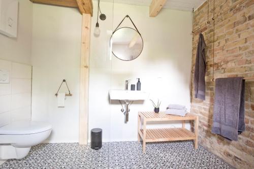 a bathroom with a sink and a toilet and a mirror at Scheune de Lütt - Kleine Scheune ganz groß am Rande der Schorfheide - Natur pur in Marienwerder