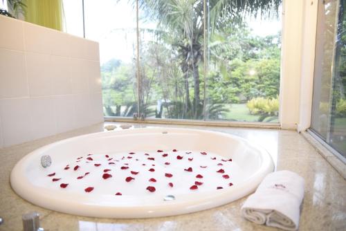 a bathroom with a bath tub filled with hearts at Rosa Spa e Pousada in Aparecida de Goiânia