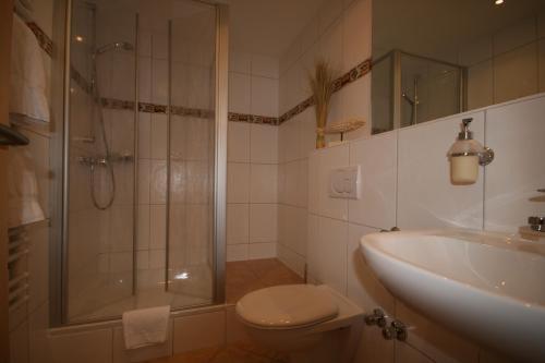 a bathroom with a shower and a toilet and a sink at Aqua Marina in Helgoland