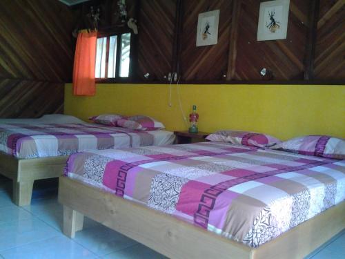 two beds in a room with yellow walls at Fidelito Ranch & Lodge in Tambor