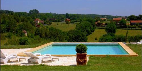 - une piscine avec deux chaises et une plante en pot dans l'établissement Manoir de La Brunie-Grand Longere, à Coux-et-Bigaroque