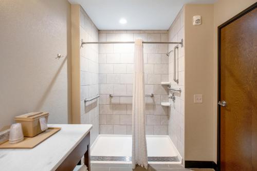 a bathroom with a shower with a tub and a toilet at Comfort Suites Fishkill near Interstate 84 in Fishkill