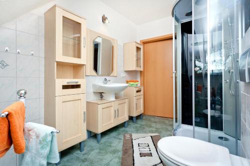 ein Bad mit einem WC, einem Waschbecken und einer Dusche in der Unterkunft Landhaus Vilmblick in Putbus