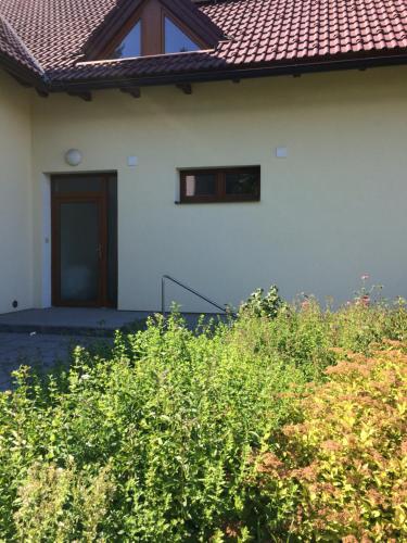 a house with a door and a bush in front of it at Penzion Emilia in Ružomberok