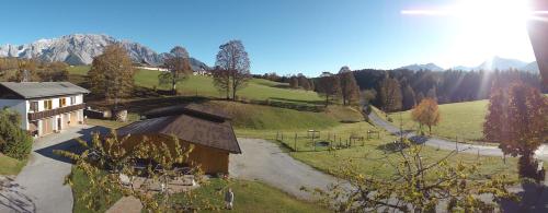 a house on a hill with a road in a field at Brandstätterhof in Schladming