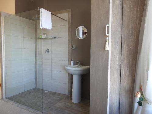 a bathroom with a sink and a glass shower at At 29 Columba in Groot Brak Rivier
