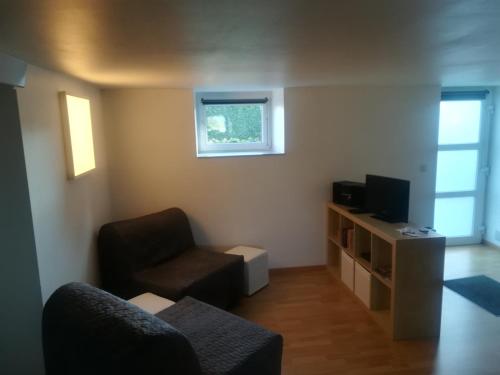 a living room with a chair and a television at Le willou in Malmedy