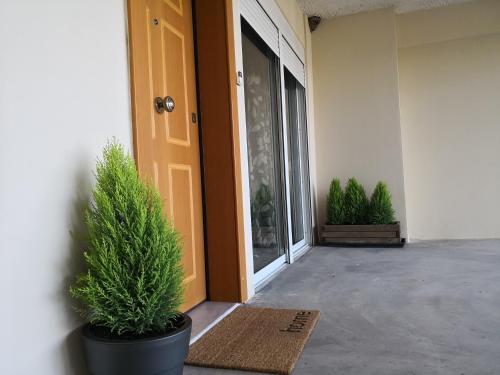 an empty room with a door and two potted plants at Luxury Home in Spáta