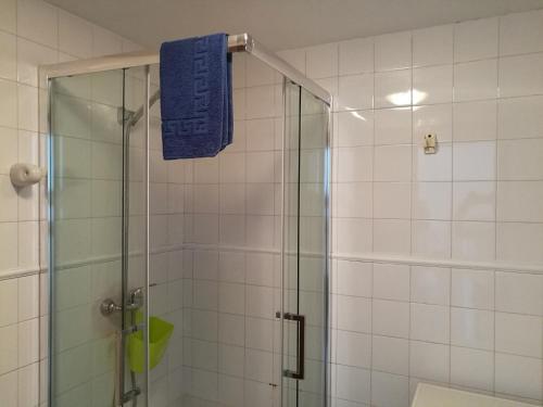 安蒂瓜海岸的住宿－Apartamento La Tortuga Complex Amaya Fuerteventura，带淋浴和蓝色毛巾的浴室