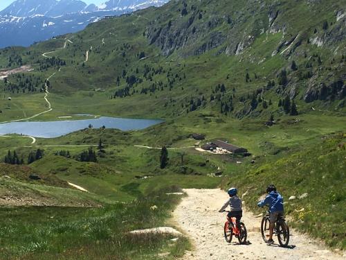 two people riding bikes on a mountain trail at Bim See in Bettmeralp